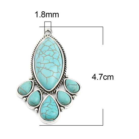 Immagine di Lega di Zinca + Acrilato Stile Bohemien Ciondoli Irregolare Argento Antico Verde Blu Turchese Imitato 47mm x 28mm , 3 Pz