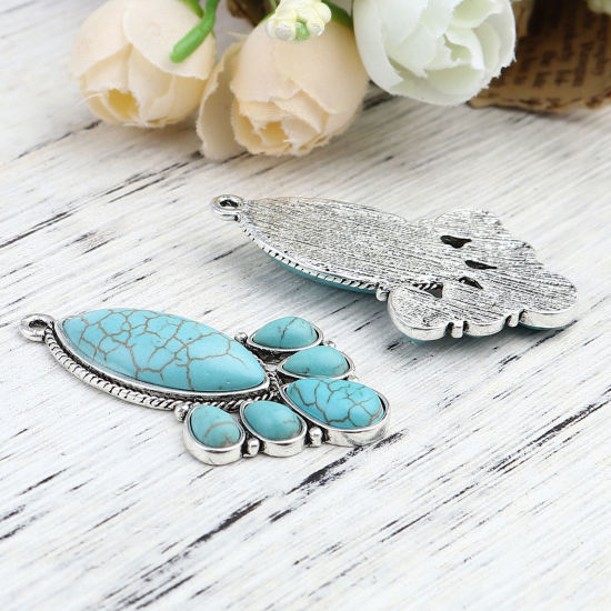 Immagine di Lega di Zinca + Acrilato Stile Bohemien Ciondoli Irregolare Argento Antico Verde Blu Turchese Imitato 47mm x 28mm , 3 Pz
