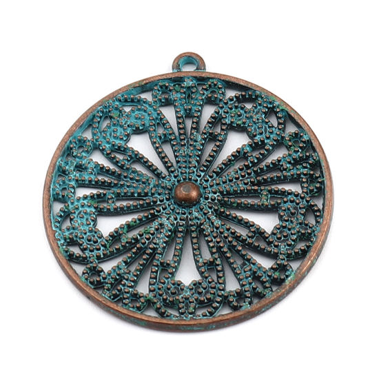 Picture of Zinc Based Alloy Patina Pendants Round Antique Copper Green Blue Flower 33mm x 30mm, 20 PCs