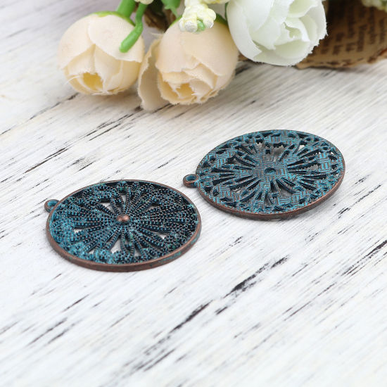 Picture of Zinc Based Alloy Patina Pendants Round Antique Copper Green Blue Flower 33mm x 30mm, 20 PCs