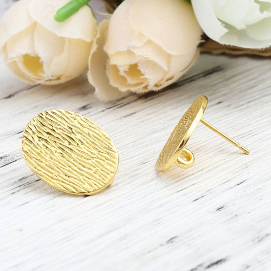 Picture of Zinc Based Alloy Ear Post Stud Earrings Findings Oval Gold Plated W/ Loop 18mm x 14mm, Post/ Wire Size: (21 gauge), 3 Pairs