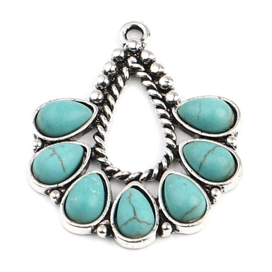 Immagine di Lega di Zinca + Acrilato Stile Bohemien Ciondoli A Forma di Ventagli Argento Antico Verde Blu Goccia Turchese Imitato 35mm x 29mm , 5 Pz