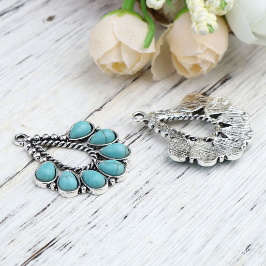 Immagine di Lega di Zinca + Acrilato Stile Bohemien Ciondoli A Forma di Ventagli Argento Antico Verde Blu Goccia Turchese Imitato 35mm x 29mm , 5 Pz