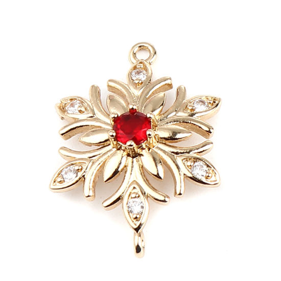 Picture of Brass Charms Gold Plated Flower Red Rhinestone 25mm x 18mm, 5 PCs                                                                                                                                                                                             