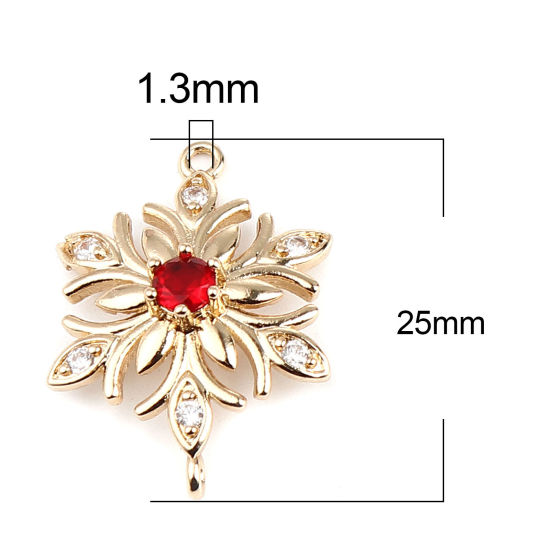 Picture of Brass Charms Gold Plated Flower Red Rhinestone 25mm x 18mm, 5 PCs                                                                                                                                                                                             