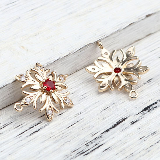 Picture of Brass Charms Gold Plated Flower Red Rhinestone 25mm x 18mm, 5 PCs                                                                                                                                                                                             