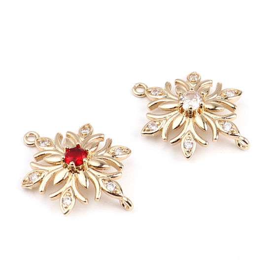 Picture of Brass Charms Gold Plated Flower Red Rhinestone 25mm x 18mm, 5 PCs                                                                                                                                                                                             