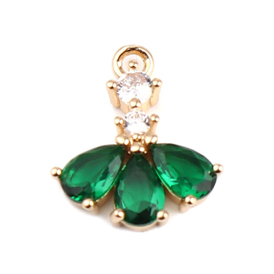 Picture of Brass Charms Gold Plated Fan-shaped Drop Clear & Green Rhinestone 16mm x 13mm, 5 PCs                                                                                                                                                                          