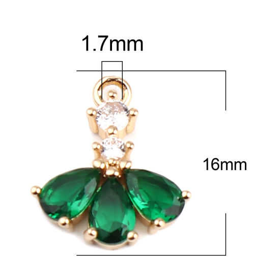 Picture of Brass Charms Gold Plated Fan-shaped Drop Clear & Green Rhinestone 16mm x 13mm, 5 PCs                                                                                                                                                                          