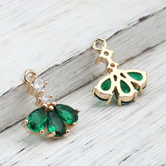 Picture of Brass Charms Gold Plated Fan-shaped Drop Clear & Green Rhinestone 16mm x 13mm, 5 PCs                                                                                                                                                                          