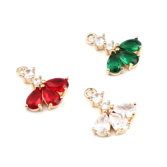 Picture of Brass Charms Gold Plated Fan-shaped Drop Clear & Green Rhinestone 16mm x 13mm, 5 PCs                                                                                                                                                                          