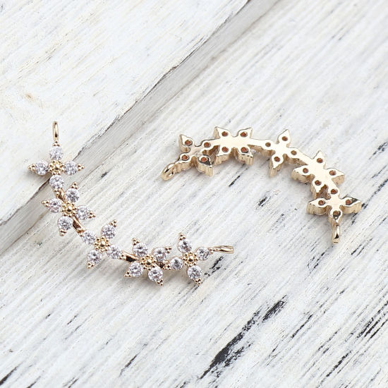 Picture of Brass Connectors Arc Gold Plated Flower Clear Rhinestone 31mm x 14mm, 3 PCs