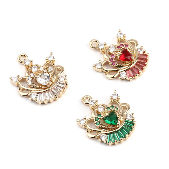 Picture of Brass Charms Gold Plated Crown Clear & Green Rhinestone 20mm x 16mm, 2 PCs                                                                                                                                                                                    