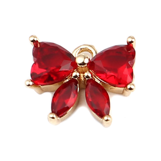 Picture of Brass Charms Gold Plated Bowknot Red Rhinestone 12mm x 10mm, 5 PCs