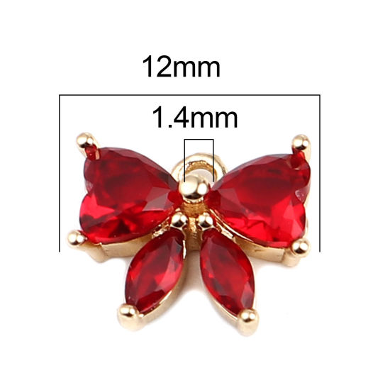 Picture of Brass Charms Gold Plated Bowknot Red Rhinestone 12mm x 10mm, 5 PCs