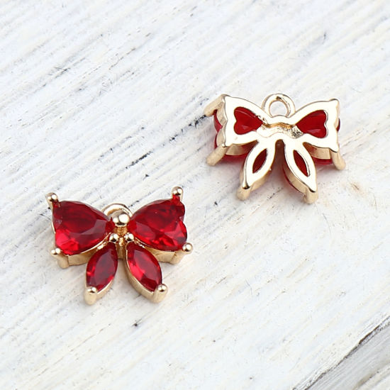 Picture of Brass Charms Gold Plated Bowknot Red Rhinestone 12mm x 10mm, 5 PCs