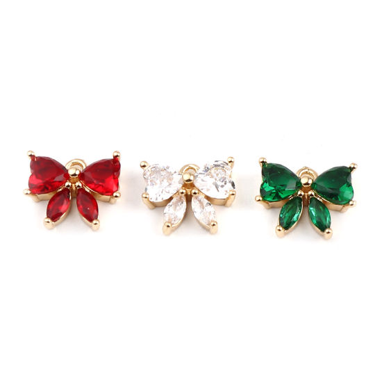 Picture of Brass Charms Gold Plated Bowknot Red Rhinestone 12mm x 10mm, 5 PCs