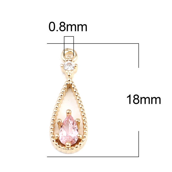 Picture of Brass Charms Gold Plated Drop Pink Rhinestone 18mm x 6mm, 5 PCs                                                                                                                                                                                               