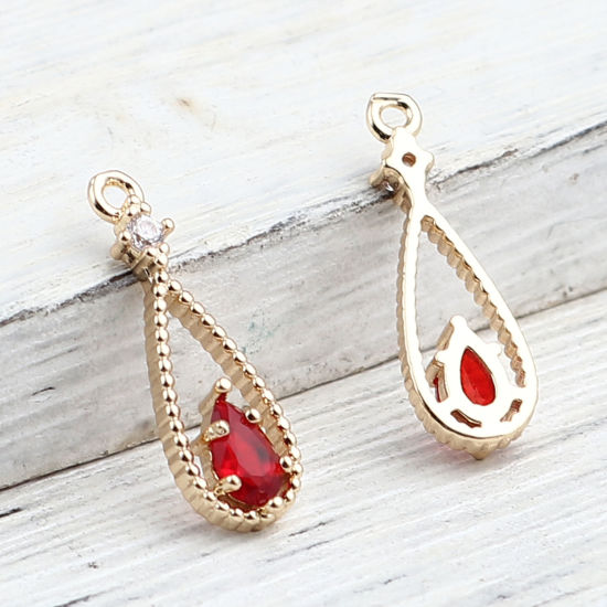 Picture of Brass Charms Gold Plated Drop Dark Red Rhinestone 18mm x 6mm, 5 PCs                                                                                                                                                                                           
