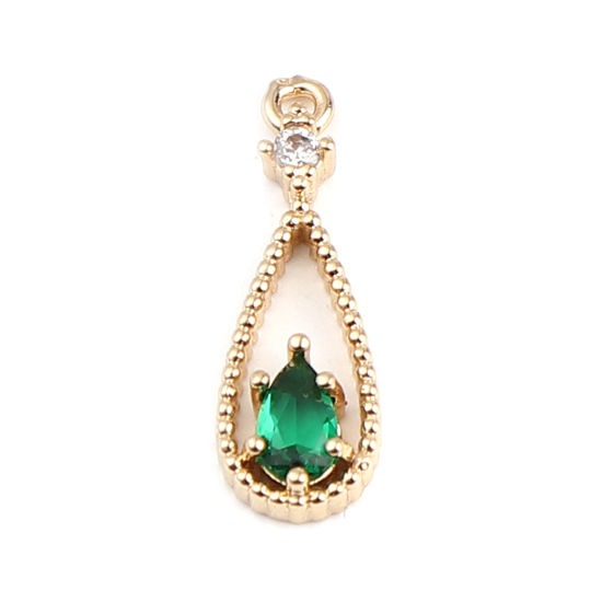 Picture of Brass Charms Gold Plated Drop Green Rhinestone 18mm x 6mm, 5 PCs                                                                                                                                                                                              