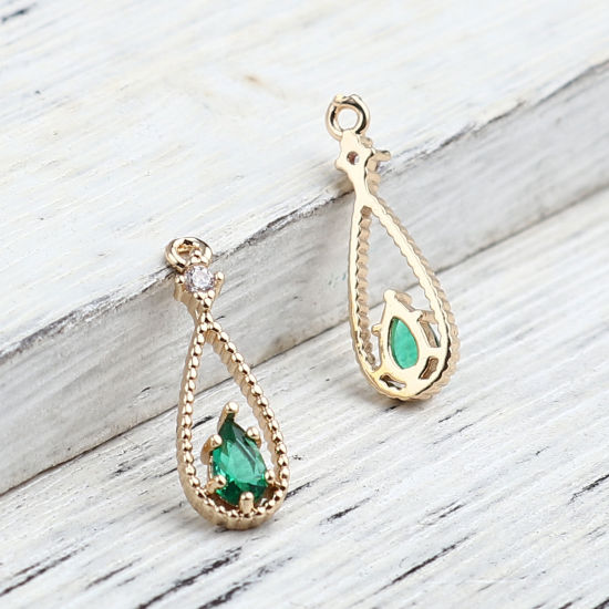 Picture of Brass Charms Gold Plated Drop Green Rhinestone 18mm x 6mm, 5 PCs                                                                                                                                                                                              