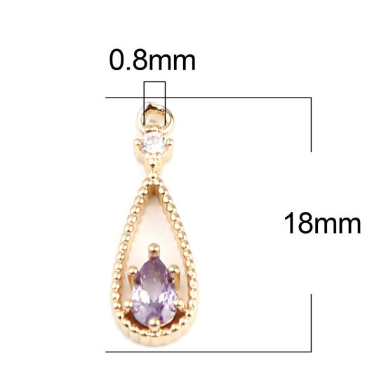 Picture of Brass Charms Gold Plated Drop Purple Rhinestone 18mm x 6mm, 5 PCs                                                                                                                                                                                             