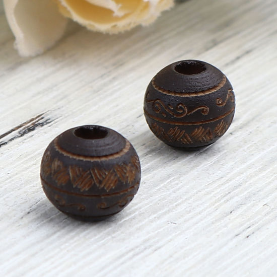 Picture of Natural Schima Superba Wood Spacer Beads Round Dark Coffee Stripe About 10mm Dia., Hole: Approx 2.6mm, 20 PCs