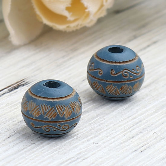 Picture of Natural Schima Superba Wood Spacer Beads Round Blue Stripe About 10mm Dia., Hole: Approx 2.6mm, 20 PCs