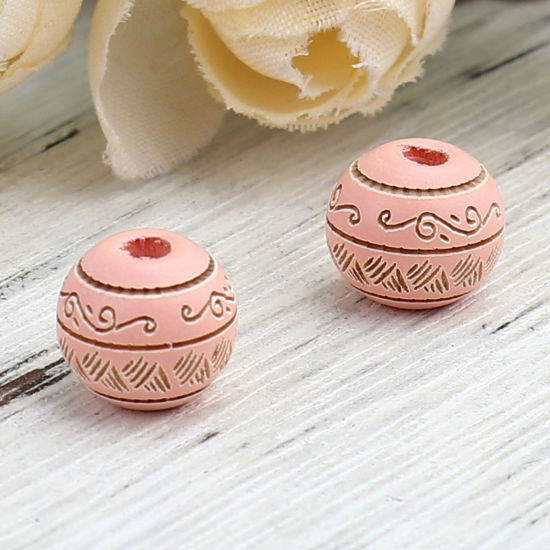 Picture of Natural Schima Superba Wood Spacer Beads Round Peach Pink Stripe About 10mm Dia., Hole: Approx 2.6mm, 20 PCs