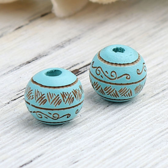 Picture of Natural Schima Superba Wood Spacer Beads Round Cyan Stripe About 10mm Dia., Hole: Approx 2.6mm, 20 PCs