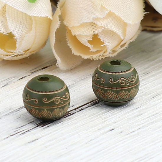 Picture of Natural Schima Superba Wood Spacer Beads Round Army Green Stripe About 10mm Dia., Hole: Approx 2.6mm, 20 PCs