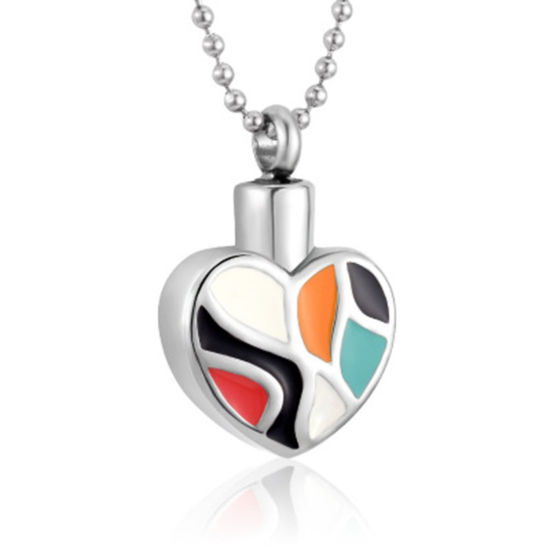 Picture of Stainless Steel Cremation Ash Urn Charms Heart Silver Tone Multicolor Can Open 29mm x 19mm, 1 Piece