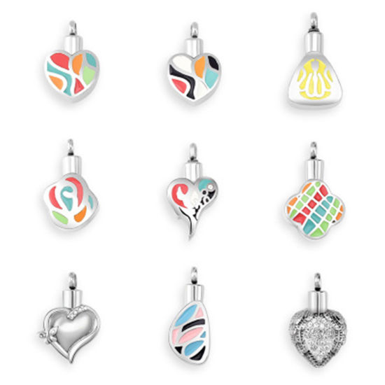 Picture of Stainless Steel Cremation Ash Urn Charms Heart Silver Tone Multicolor Can Open 29mm x 19mm, 1 Piece