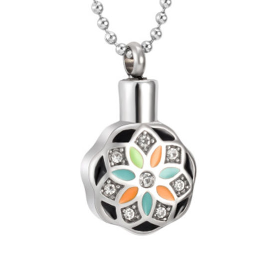 Image de Pendentifs en Acier Inoxydable Urne Funéraire de Crémation Fleur Argent Mat Multicolore Pouvoir Ouvrir à Strass Transparent 30mm x 20mm , 1 Pièce