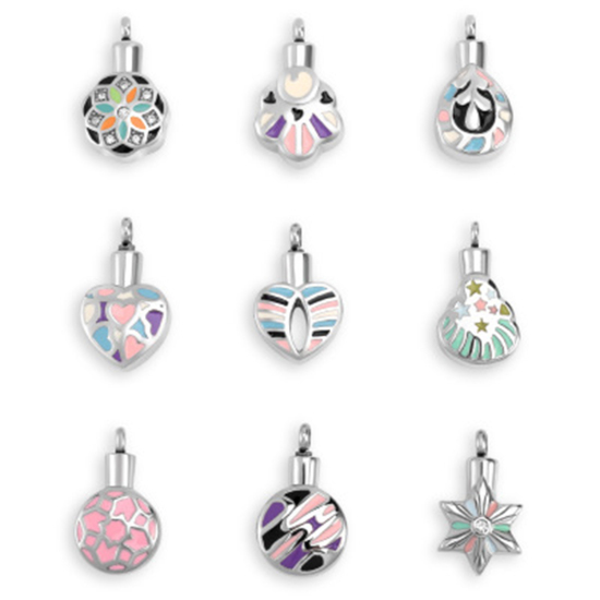 Picture of Stainless Steel Cremation Ash Urn Pendants Flower Silver Tone Multicolor Can Open Clear Rhinestone 30mm x 20mm, 1 Piece