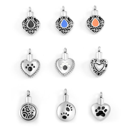 Picture of Stainless Steel Cremation Ash Urn Pendants Heart Silver Tone Black Paw Claw Can Open 30mm x 20mm, 1 Piece