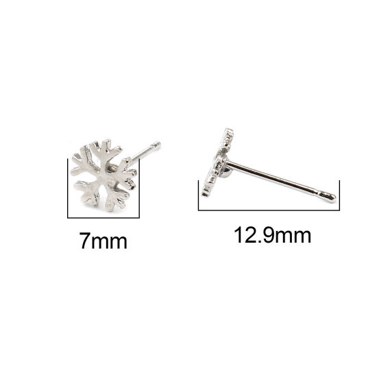 Picture of Ear Post Stud Earrings Findings Christmas Snowflake Silver Tone 7mm x 7mm, Post/ Wire Size: (21 gauge), 2 Pairs