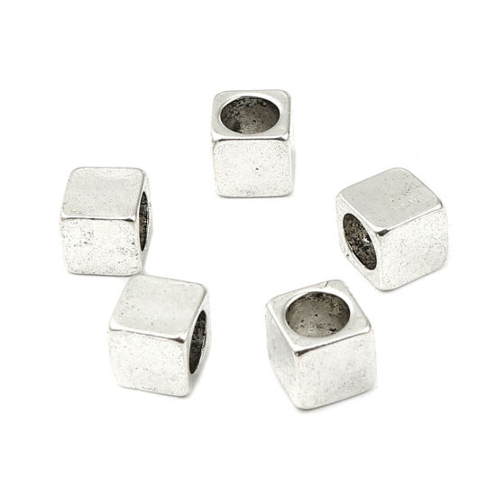 Bild von Zinklegierung Zwischenperlen Spacer Perlen Quadrat Versilbert ca. 8mm x 8mm, Loch:ca. 6mm, 5 Stück