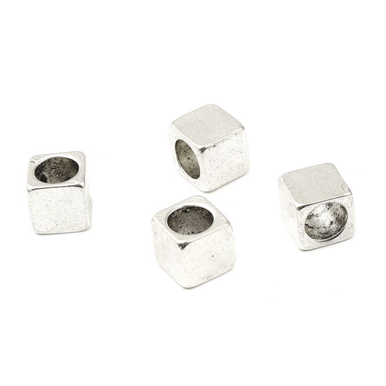 Bild von Zinklegierung Zwischenperlen Spacer Perlen Quadrat Versilbert ca. 8mm x 8mm, Loch:ca. 6mm, 5 Stück