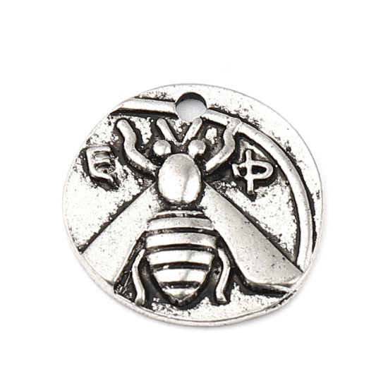 Изображение Цинковый Сплав Насекомое Подвески Круглые Античное Серебро Пчела 20мм диаметр, 10 ШТ