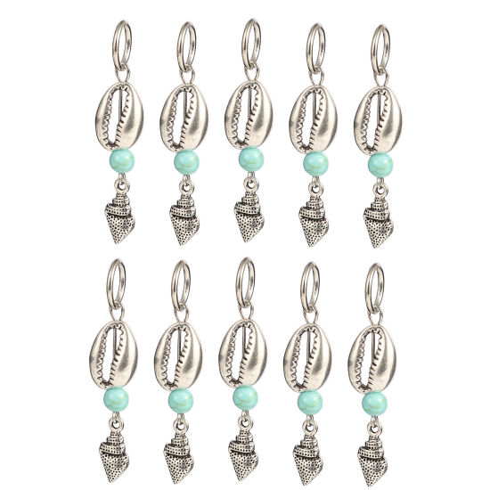 Picture of Acrylic Ocean Jewelry Knitting Stitch Markers Shell Antique Silver Color Cyan Conch Sea Snail 53mm x 12mm, 10 PCs