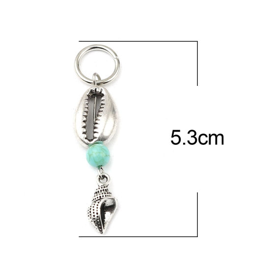 Picture of Acrylic Ocean Jewelry Knitting Stitch Markers Shell Antique Silver Color Cyan Conch Sea Snail 53mm x 12mm, 10 PCs