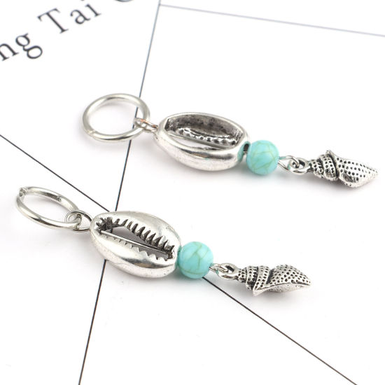 Picture of Acrylic Ocean Jewelry Knitting Stitch Markers Shell Antique Silver Color Cyan Conch Sea Snail 53mm x 12mm, 10 PCs