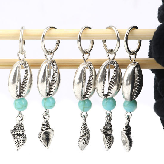 Picture of Acrylic Ocean Jewelry Knitting Stitch Markers Shell Antique Silver Color Cyan Conch Sea Snail 53mm x 12mm, 10 PCs