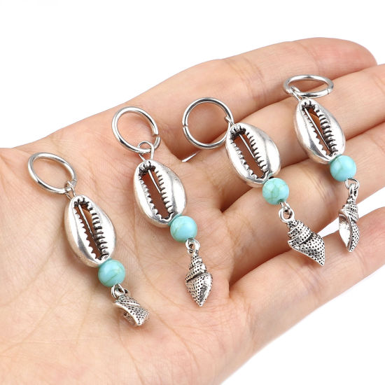 Picture of Acrylic Ocean Jewelry Knitting Stitch Markers Shell Antique Silver Color Cyan Conch Sea Snail 53mm x 12mm, 10 PCs