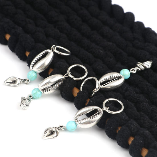 Bild von Acryl Ozean Schmuck Stricken Stitch Markers Muschel Antiksilber Cyanblau Strandschnecke 53mm x 12mm, 10 Stück