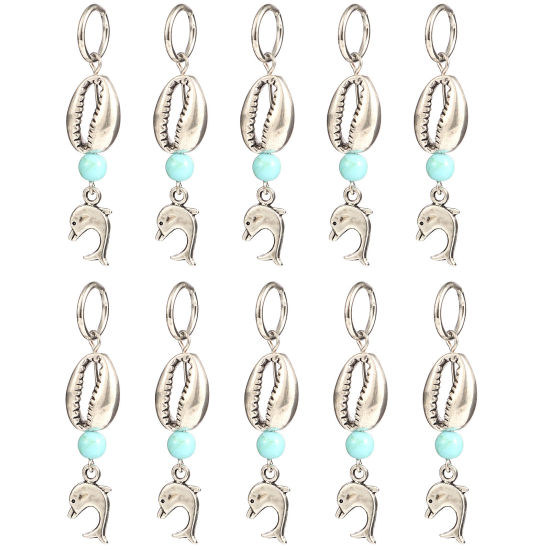 Picture of Acrylic Ocean Jewelry Knitting Stitch Markers Whale Animal Antique Silver Color Cyan Shell 54mm x 12mm, 10 PCs