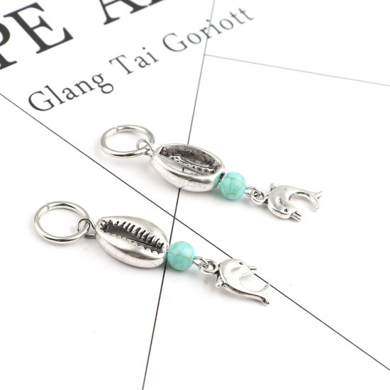 Picture of Acrylic Ocean Jewelry Knitting Stitch Markers Whale Animal Antique Silver Color Cyan Shell 54mm x 12mm, 10 PCs