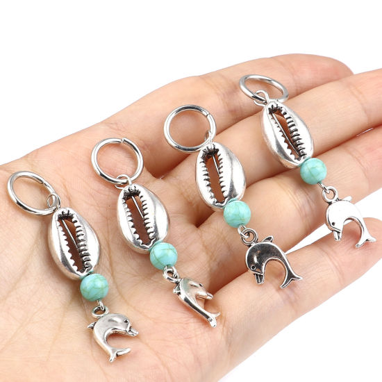 Picture of Acrylic Ocean Jewelry Knitting Stitch Markers Whale Animal Antique Silver Color Cyan Shell 54mm x 12mm, 10 PCs