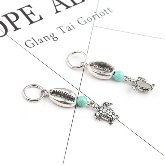 Picture of Acrylic Ocean Jewelry Knitting Stitch Markers Sea Turtle Animal Antique Silver Color Cyan Shell 55mm x 12mm, 10 PCs